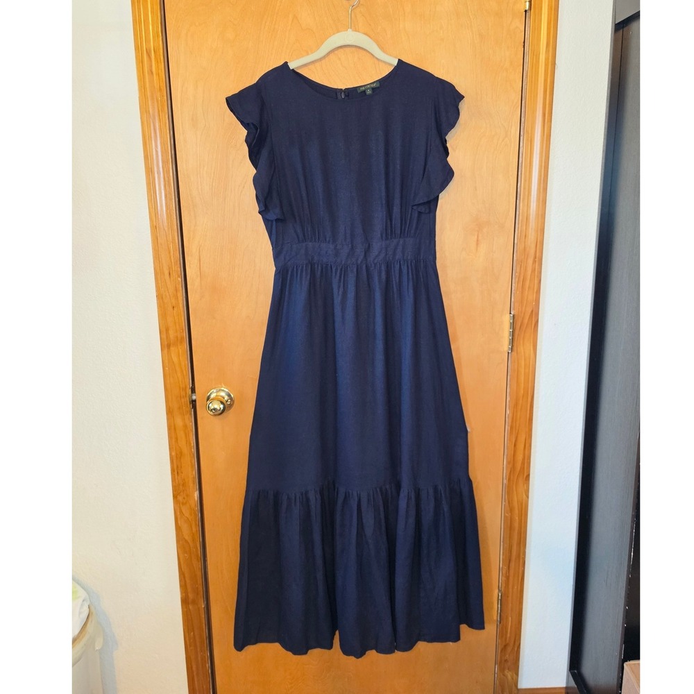 For Cynthia Navy Blue Linen Blend Flutter Sleeve Tiered Maxi Dress S Capsule